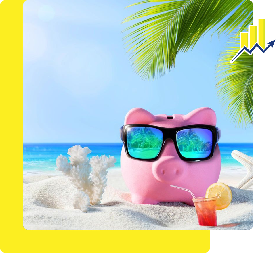 A pink piggy bank with sunglasses on the beach.